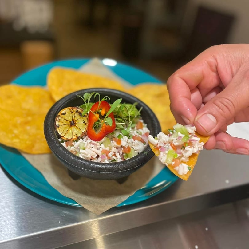 A hand holds a tortilla chip topped with ceviche from a black bowl, with more chips on a blue plate.